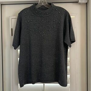 Susan Graver XL Dark Gray Metallic Pearl Appliqué Mock Neck Sweater.
